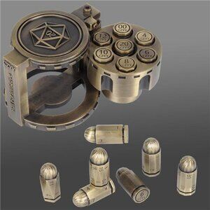 Metal Polyhedral Bullet Dice Set of 7 with Spinning Revolver Cylinder Container